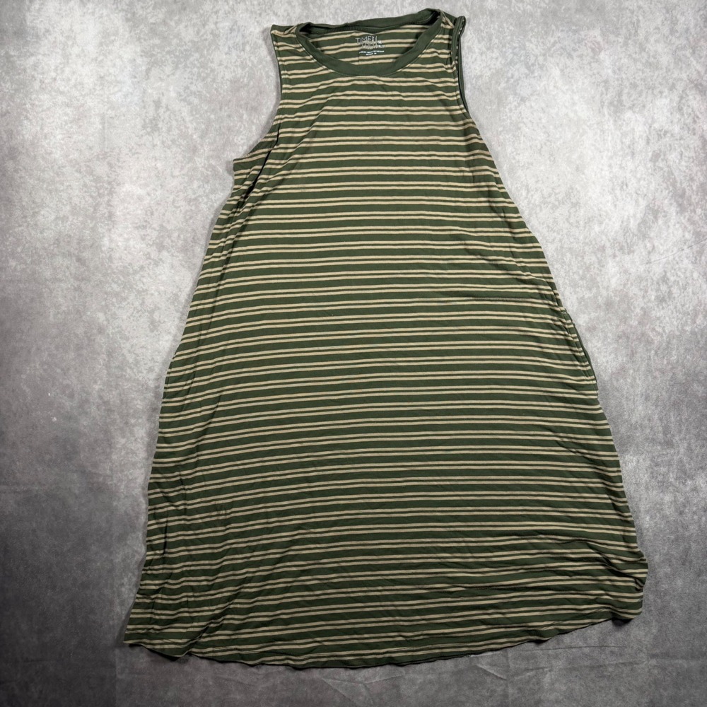 Time and Tru Striped Pocket Swing Dress Womens M Olive Green Tan Cottagecore